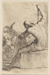 Three Soldiers, One Seated and Supporting Himself with a Cane and Shield
