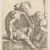 Four Soldiers, One seated on a Stone at the Left