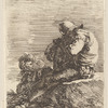 Two Soldiers, One Seated on a Ledge, Holding a Cane