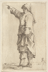 Man Standing, with Arm Raised, Pointing Toward the Left