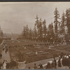 Detail of the landscaping with Japanese Building in trees. Alaska Yukon Pacific Exposition