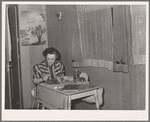 Interior of labor home showing handicraft work. Tulare migrant camp. Visalia, California