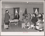 Presidents of ladies club addressing members. Tulare migrant camp. Visalia, California
