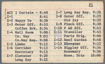 Note card indicating run time breakdown of scenes for the stage production How to Succeed in Business Without Really Trying [Act One]