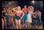 Carmen Alvarez, Edie Adams, Peter Palmer, Tina Louise, Al Nesor and unidentified others backstage during the stage production Lil' Abner