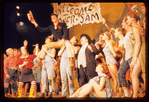 Joe E. Marks, Billie Hayes, Peter Palmer, Stubby Kaye [center] and unidentified others in the stage production Lil' Abner