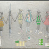 Costume sketch and swatches for bathing beauty chorus in the stage production Mack & Mabel