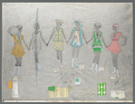 Costume sketch and swatches for bathing beauty chorus in the stage production Mack & Mabel