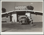 Truck from Kansas City backing into storage cellar for a load of potatoes. Monte Vista, Colorado