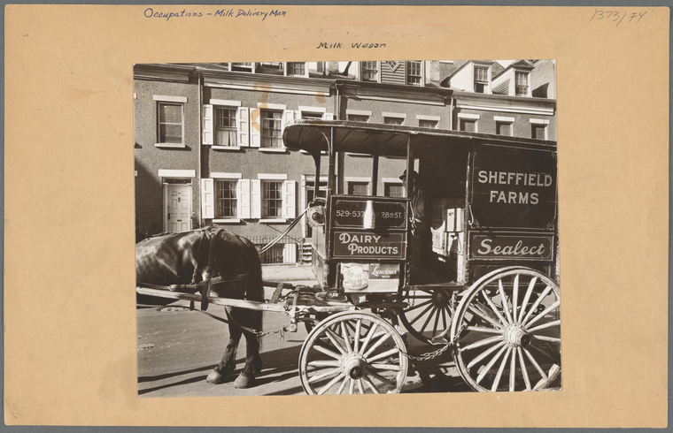 Milk wagon and old houses, Grove Street, No. 4-10