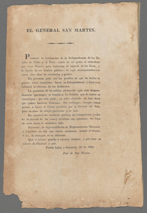 El General San Martin. "Presencié la declaracion de la Independencia de los estados de Chile y el Perù; ..."