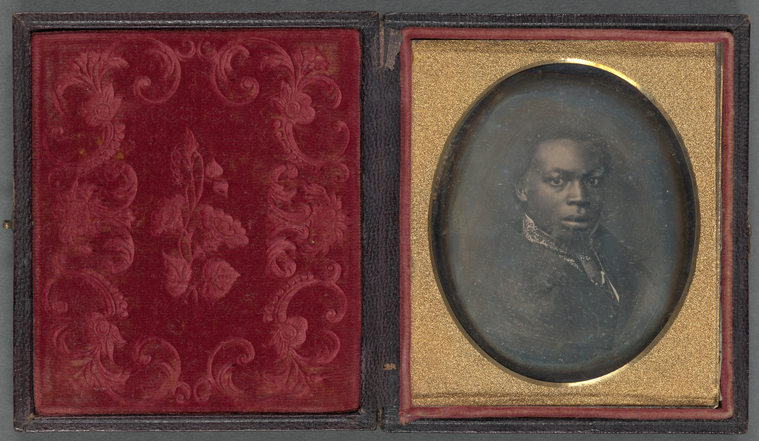 Digital representation of a daguerreotype portrait of a man wearing decorative shirt