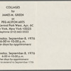 Postcard announcing "Collages by James M. Green" exhibition presented by Peg Alston Arts