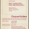 Postcard announcing "...Past Horizons...New Beginnings..." group exhibition at Cinque Gallery