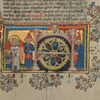 Miniature of Soul shown spiked wheel hung with purses, with two traitors about to enter doors; head of betrayed king above