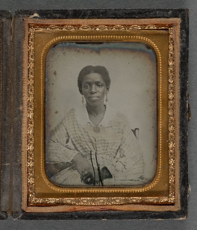 Digital representation of an Ambrotype portrait of Seated Young Woman in Plaid Dress with Hands Clasped