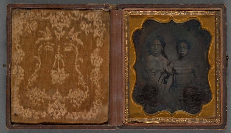 Digital representation of an ambrotype portrait of woman and young girl (with locks of hair tucked into corners of the photograph case)