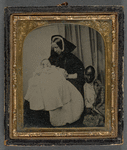 Black Woman with Scarf Seated on Floor with White Woman in Bonnet Holding Sleeping Child