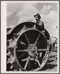 Farmer and tractor. Fairfield Bench Farms, [Teton County,] Montana