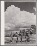 Cowhands and dude girls at Three Circle roundup. Custer National Forest, Montana