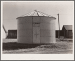 Completed steel bin for shelled corn. Marshall County, Iowa