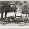 Teacher eats lunch with children in shade of trees on school grounds. Grundy County, Iowa