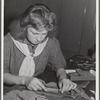 Tulare County, California. FSA (Farm Security Administration) farm workers' camp. Girl Scouts learning to sew