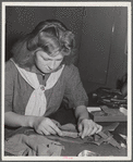 Tulare County, California. FSA (Farm Security Administration) farm workers' camp. Girl Scouts learning to sew