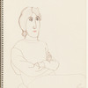 Seated figure with folded arms, looking forward