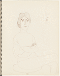 Seated figure with folded arms, looking forward