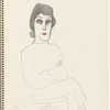Seated figure with folded arms, looking forward