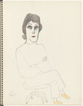 Seated figure with folded arms, looking forward