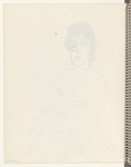 Seated figure with folded arms, looking forward