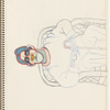 Seated figure with cane,  mask-like face