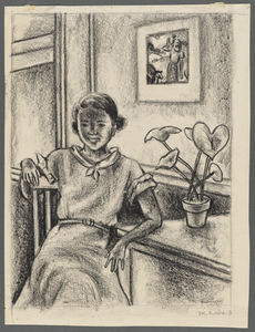 Girl seated by a window, next to the El [Miss Sanderson?]