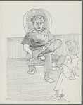 Untitled [Figure with crossed legs in rocking chair, talking to another, seated figure]