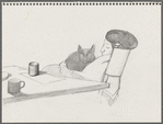 Untitled [Woman at table; cat on lap]