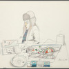 Untitled [Seated figure in winter hat reading magazine; cigarettes on table]