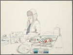 Untitled [Seated figure in winter hat reading magazine; cigarettes on table]