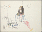 Untitled [Seated figure, at table covered in objects]