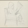 Untitled [Figure in rattan chair reading newspaper]