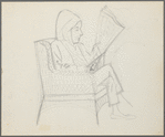 Untitled [Figure in rattan chair reading newspaper]