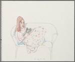 Untitled [Figure with feet up; cat and blanket on lap]