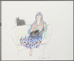 Untitled [Seated figure with cat on lap; second cat on sofa back]