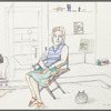 Untitled [Seated woman; bookcase in background, cat on right]