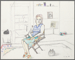 Untitled [Seated woman; bookcase in background, cat on right]
