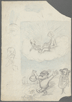 Rudyard Kipling holding a money bag, Shakespeare watching and George Meredith (?) and A. C. Swinburne (?) sitting in the clouds. 