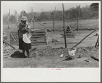 Charles McGuire's wife and baby looking at their new poultry yard and pen with biddies. Tenant purchase clients. Pike County, Alabama
