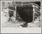 Lumbermen's shack where they can get warm, eat their lunch, and house the tractor with which they haul logs to the road where they are picked up and hauled to the mill by truck. Near Barnard, Windsor County, Vermont