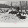 Hired man on Gilbert farm emptying load of manure after cleaning out the dairy barn early on a winter morning. Woodstock, Vermont